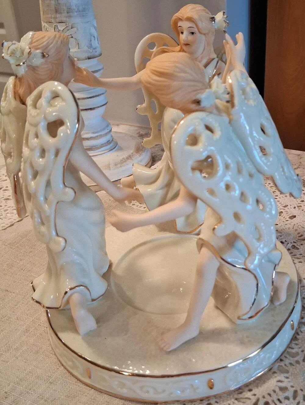 Vintage Dillards Three Dancing Angels Pillar Christmas Candle Holder Porcelain